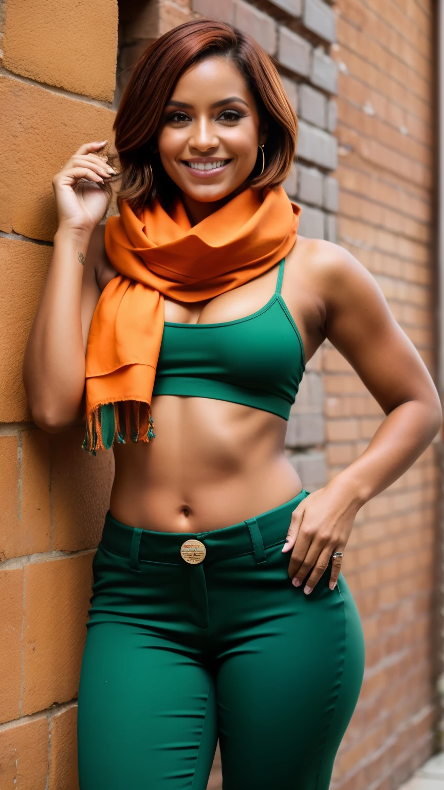 Kinessa, cabelo castanho curto, olhos vermelhos, tonificado, orange scarf, Band-aid na bochecha, luvas sem dedos, cinto com caveira, botas, corte superior, pants, 1 garota, Sozinho, visualizador de frente, olhando para o espectador, sorriso
