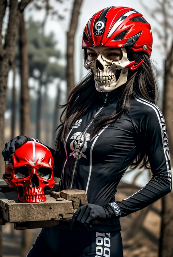 1woman, road cycling speed, long hair, red skull head, cycling suit and short, jersey, helmet, skull face head,