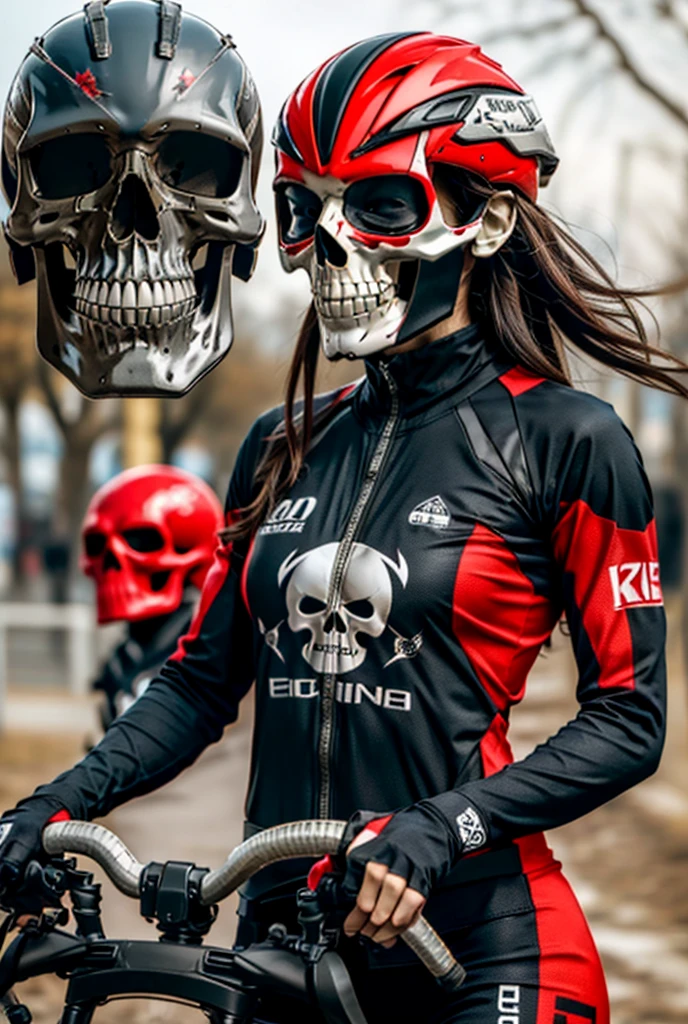 1woman, road cycling speed, long hair, red skull head, cycling suit and short, jersey, helmet, skull face head,