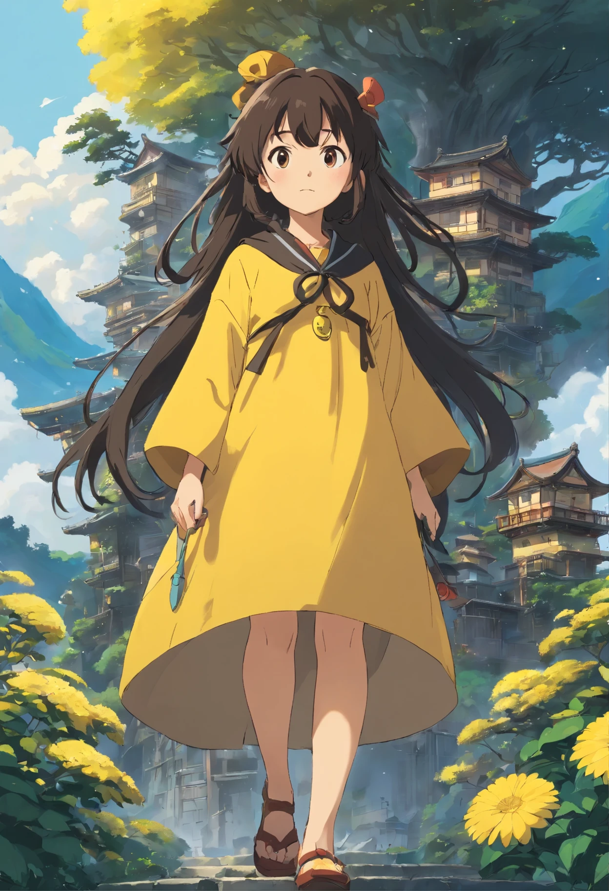 anime, cabelos pretos longos, roupas amarelas e preto, fundo amarelo e preto, com cabelos grandes