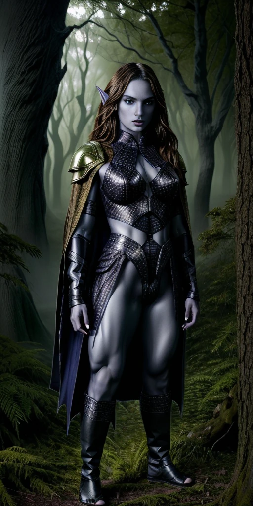 masterpiece, best quality, CG, wallpaper, HDR, high quality, high-definition, extremely detailed, full body toe to head female drow, colored skin, dark elf, blue skin, grey skin, pointy ears, cape, armor, looking at viewer, 1girl, forest, dark forest, mythical forest, dimmed light, brown eyes, long hair, chibi