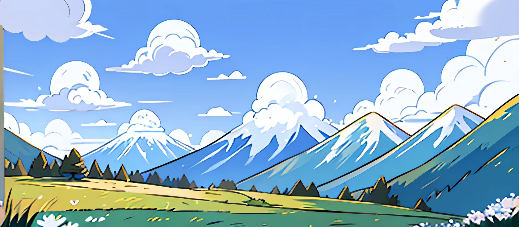 sun、Blue sky、White Cloud、Mountain、Small Flower、Earthy field path