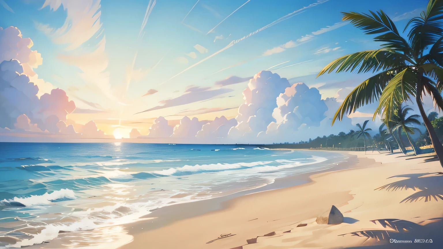 Beautiful sandy beach,There are coconut trees on the beach,The sea water is crystal clear,There are many beautiful shells on the beach,The sun rises over the sea