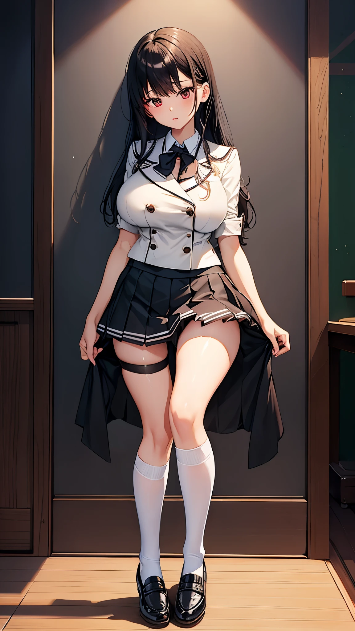 (wear black blazer sailor japan uniform school with mini skirt), sensual sexy gesture, big breast, black pantyhouse, white shoes, detailing school badge
