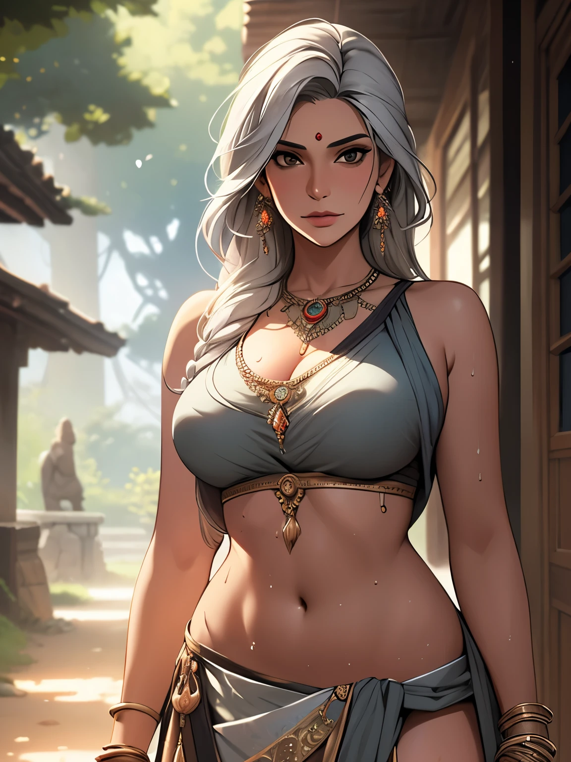 Masterpiece, digital llustration, A gorgeous Indian woman, MILF, grey hair, huge breasts, outdoors, embarrassed, loincloth, sweating, outdoors, doing chores, highly detailed, dynamic soft ethereal lighting, intricately detailed,