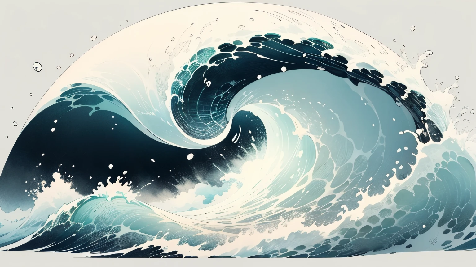 1Two Waves、Ocean、White background only、(Black and White)、Ukiyo-e、No people
