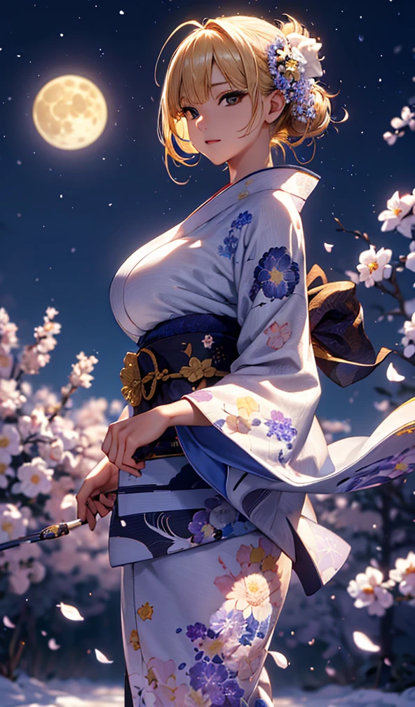 masterpiece, high quality, 4K, Beautiful design, silhouette,blonde, 非常に詳細な夜のStarry Sky,Flower Field, wonderful, Finer details, Very knowledgeable woman, Highly detailed solo, 1 female,Big Breasts,Yukata in white color,Night view,Starry Sky,full moon,