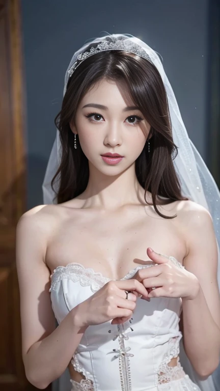 Nikon Z 85mm, ((highest quality)) ((masterpiece)), intricate details, sharp focus, professional, photorealistic, surrealistic, photorealism, fine detail, top quality, highly detailed CG Unity 32k wallpaper, perfect artwork, shiny hair, glowing eyes, shiny skin, realistic, perfect female figure, constricted waist, Very delicate and beautiful, best quality, beautiful detailed girl, staring at the viewer, smile: 1.4, beautiful fine eyes, face lights, see-through, long white wedding dress, wedding ring on ring finger, realistic expression of face, intricate details, makeup, perfect proportions (detailed beautiful delicate face, detailed beautiful delicate eyes, face) perfect proportions, detailed skin, detailed skin, standing figure, best ratio 4 fingers and 1 thumb, chapel: 1.4,