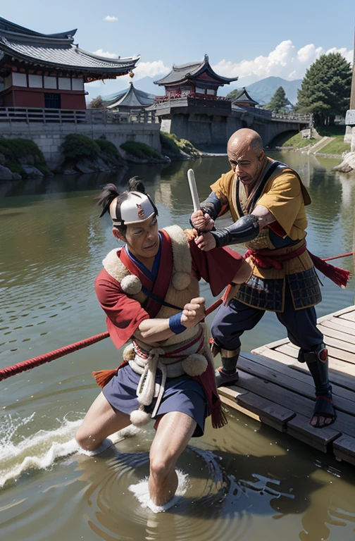 Shizuka Gozen beating up Benkei and Ushiwakamaru on Gojo Bridge