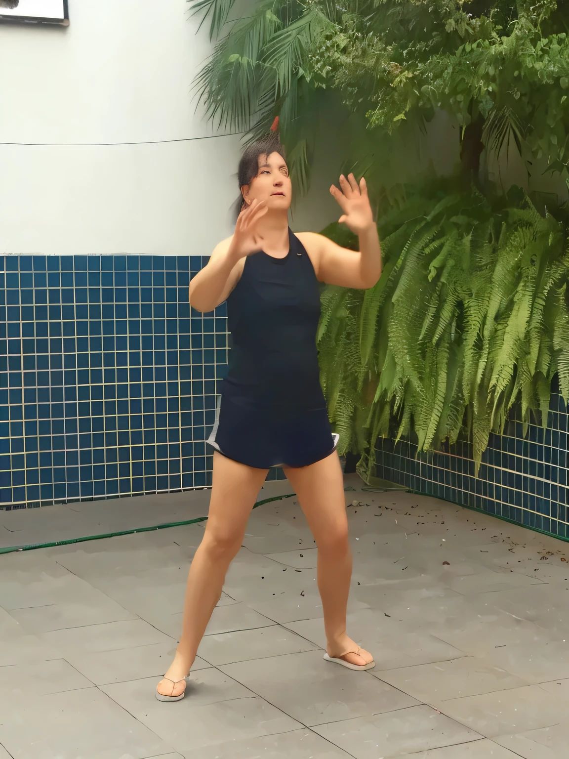 woman in a black dress is playing with a frisbee in a courtyard, outside, tai chi, inspired by Ma Quan, inspired by Liao Chi-chun, in an action pose, by Caro Niederer, competition winning, dance meditation, dramatic pose, an artistic pose, squatting down next to a pool, outdoor, by Victoria Francés, in a fighting pose