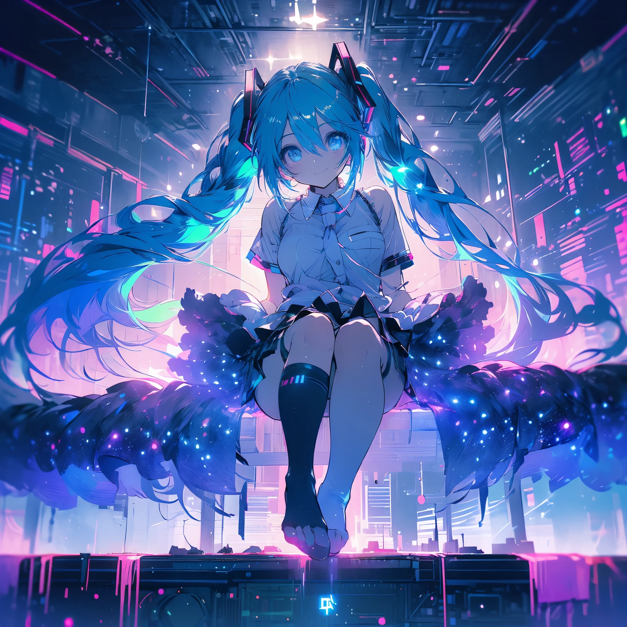 ((mysterious　Blue Hair　Twin tails　mini skirt　I can see your feet　Black socks　Hatsune Miku))　((End of the Galaxy　Jump　Bathed in light))　(Neon pink and neon green light　Shining Edge　Shining Background　night　Starry Sky)　smile