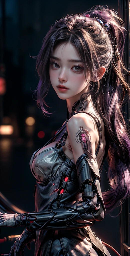 top quality, masterpiece, Ultra-high resolution, (Reality: 1.4), original photo, 1 cyberpunk girl, purple Hair, Smooth skin, 1.mechanical girl, Depth of field focus f/2.8, (Ultra-realistic details)), contrast, shadow, Octane Rendering, 64k, Extremely sharp, Cleavage exposed, Rawhide, Metal, Exquisite decorative details, Japan Details, Very intricate details, realistic light, CGSoation trends, face camera, Neon details, Mechanical limbs, blood vessels connected to tubes, A mechanical vertebrae attached to the back, Mechanical neck fixation device, Wires and cables to the head, Gundam, Small LED lights.