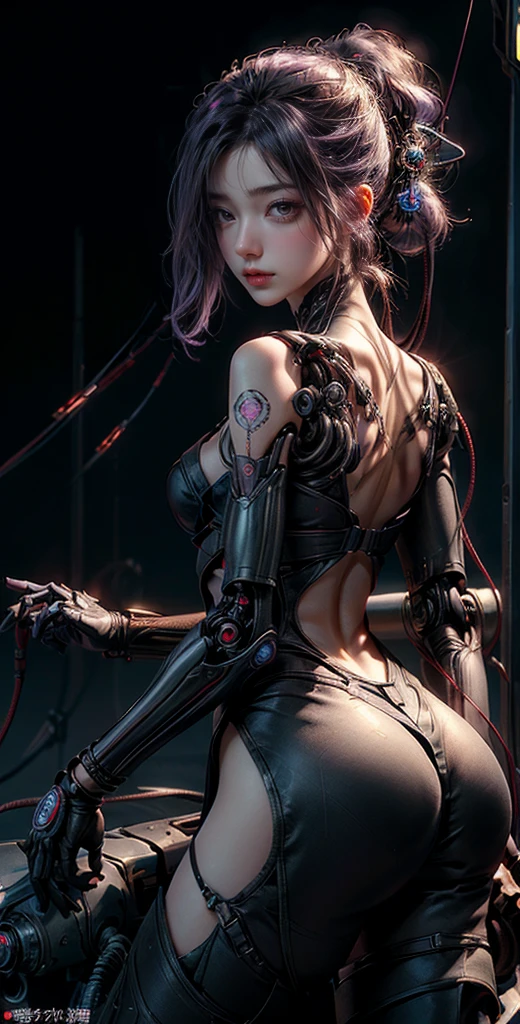 top quality, masterpiece, Ultra-high resolution, (Reality: 1.4), original photo, 1 cyberpunk girl, purple Hair, Smooth skin, 1.mechanical girl, Depth of field focus f/2.8, (Ultra-realistic details)), contrast, shadow, Octane Rendering, 64k, Extremely sharp, Cleavage exposed, Rawhide, Metal, Exquisite decorative details, Japan Details, Very intricate details, realistic light, CGSoation trends, face camera, Neon details, Mechanical limbs, blood vessels connected to tubes, A mechanical vertebrae attached to the back, Mechanical neck fixation device, Wires and cables to the head, Gundam, Small LED lights.