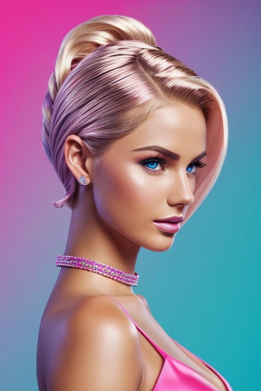 Gorgeous european woman with short hair, braided hair, wet hair, hair slicked back, combed straight back, slick hair, blonde gradient hair, dressed as Barbie in pink and blue, jewelry, cleavage, glamour, solid dark grey background