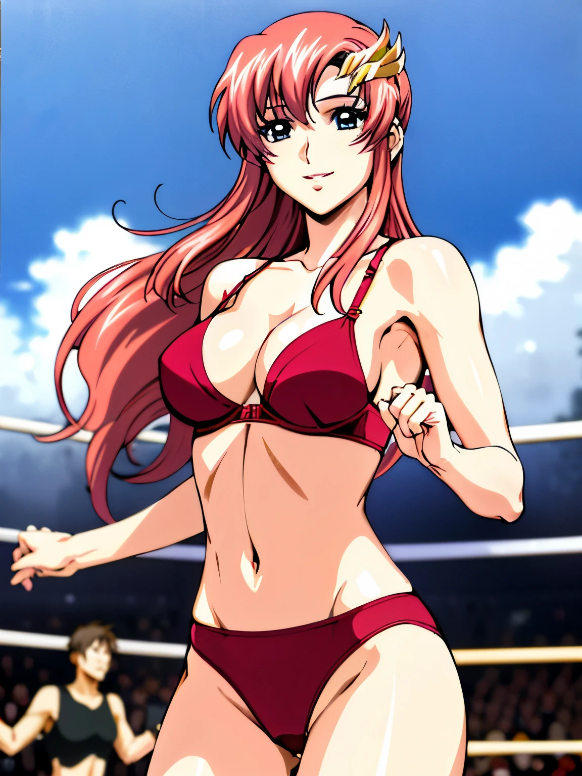 lacus4, (red bikini, running, thong, thin girl, masterpiece, cowboy shot, very slim shoulders, 4K, Best Quality, Anime style: 1.9, happy, Adult Woman, (ultra detailed head), (wrestling arena with crowd, cloud background), Drawing lines, high resolution, lacus4), 1girl, Solo, curvy figure, Long hair, clavicle, scapular, (Detailed wide hair bangs, Hair Ornament, Detailed reddish-pink hair, shiny streaks, slim arms, detailed golden crest), cleavage, large hands, (hair cover shoulders). (Big blue eyes, shiny eyes), ((female wrestler, (slim body), slim arms, closed fists, thighs)), ((perfect proportions, medium size breasts, medium thighs, long belly)), ((totally red bra)), smile with a wink, (standing, hot colors), detailed fingers, (bare shoulders)