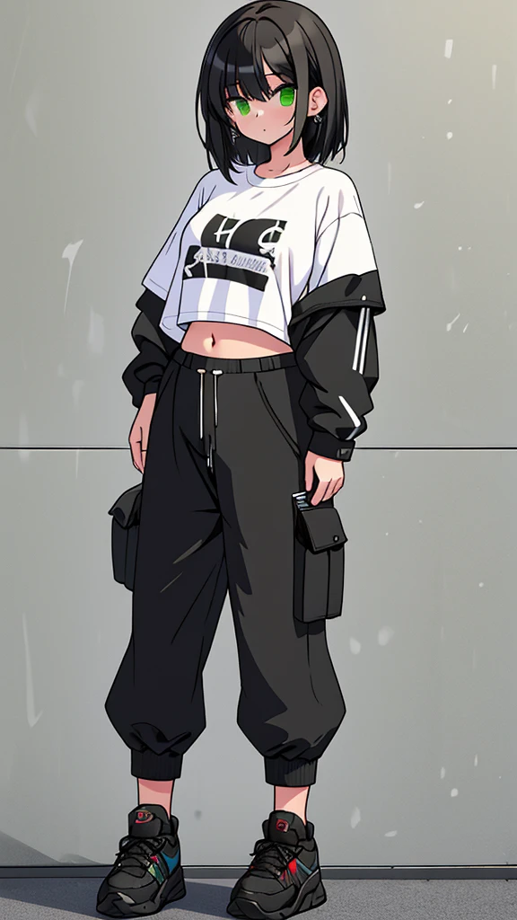 Black sneakers, black cargo pants, Woman wearing white XL-size belly button t-shirt(black hair, green eyes)