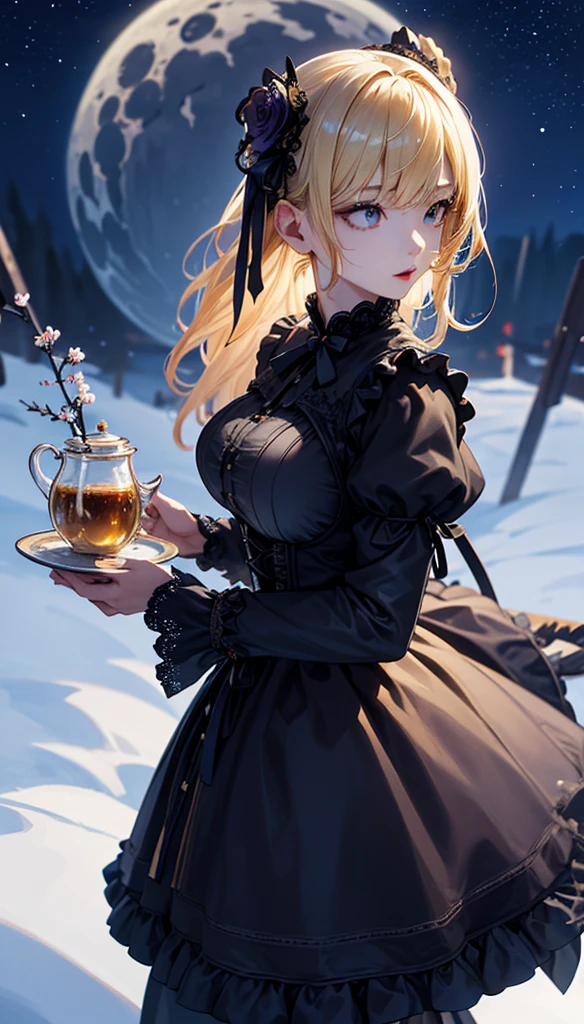 masterpiece, high quality, 4K, Beautiful design, silhouette,blonde, 非常に詳細な夜のStarry Sky,Flower Field, wonderful, Finer details, Very knowledgeable woman, Highly detailed solo, 1 female,Big Breasts,Gothic ta Fashion,During tea time,Night view,Starry Sky,full moon,