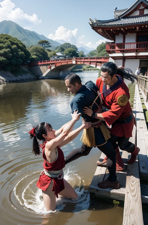 Shizuka Gozen beating up Benkei and Ushiwakamaru on Gojo Bridge