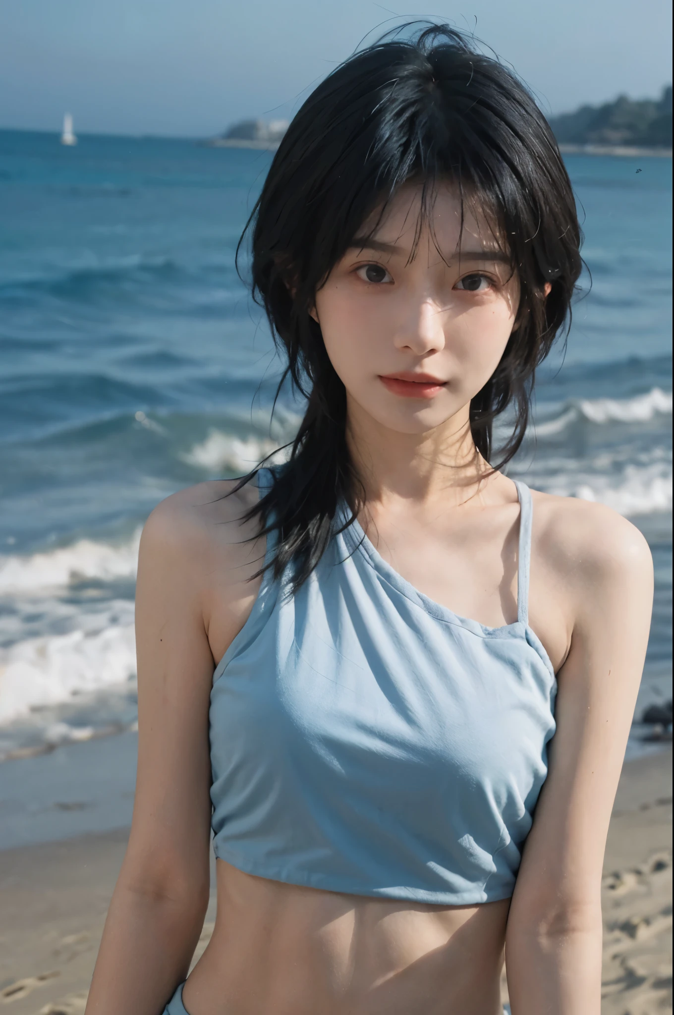 Best quality,Ultra-high resolution,(lifelike:1.4),Cute hairpin,2girll,Short blue hair,jk,Blush,Slim beauty:1.4,Visible abdominal muscles,on the beach,Ultra-fine face,Exquisite eyes,Double eyelids,