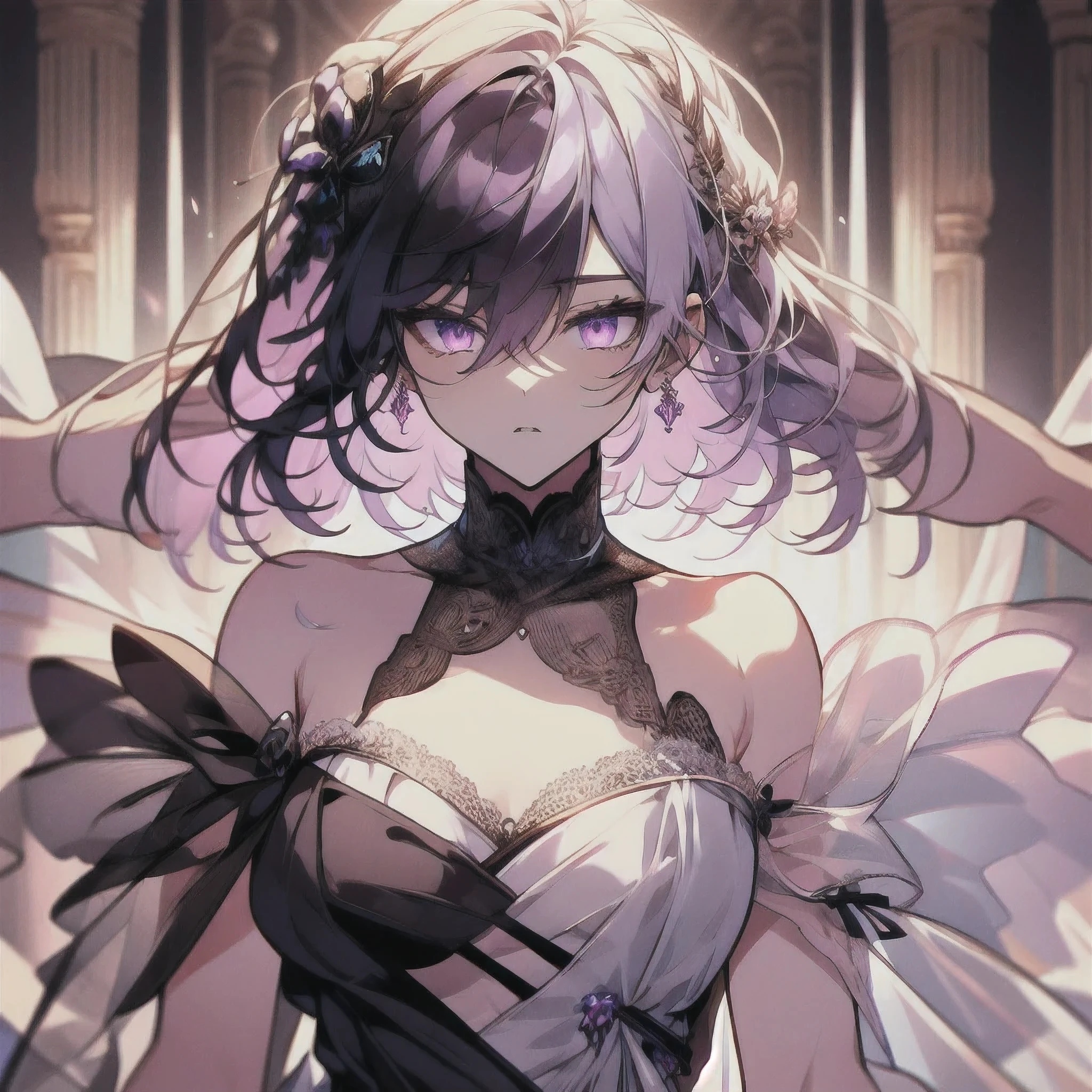 1boy, purple eyes, earing, see through dress, bride, femboy