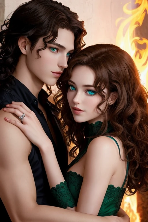 1 girl with curly and long brown hair with blue eyes and a male demon boy with wavy hair with emerald eyes and they love each other. 
Le fonds est avec des flammes