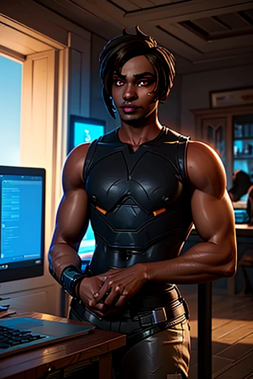 Young man with mixed brown skin tone WITH LONG BLACK HAIR CARRYING A COMPUTER PHONE HOLDING TWO MONITORS SITTING IN ROOM of cyberpunk sci-fi tropical island., brilhante, detalhado, 8k, intrincado, Fantastic, anime vibe, colorido, brilhante, lindo, reggae