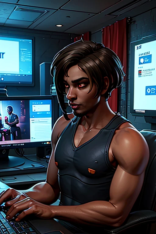 Young man with mixed brown skin tone WITH LONG BLACK HAIR CARRYING A COMPUTER PHONE HOLDING TWO MONITORS SITTING IN ROOM of cyberpunk sci-fi tropical island., brilhante, detalhado, 8k, intrincado, Fantastic, anime vibe, colorido, brilhante, lindo, reggae