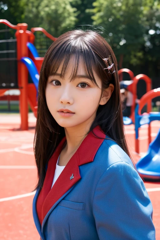 ((SFW: 1.4)),((Detailed face, Professional photography)), ((SFW, Bring your hair back, 1 girl)), Ultra-high resolution, (Realistic: 1.4), RAW Photos, highest quality, (PhotoRealistic Stick), concentrated, Soft Light, ((16age)), ((Japanese)), (( (Young Face))), (surface), (Depth of written boundary), masterpiece, (Realistic), woman, bangs, ((1 girl)),Japanese,High School Uniform(Red blazer)Park playground equipment in the background