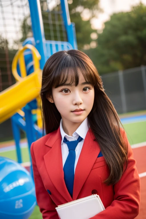 ((SFW: 1.4)),((Detailed face, Professional photography)), ((SFW, Bring your hair back, 1 girl)), Ultra-high resolution, (Realistic: 1.4), RAW Photos, highest quality, (PhotoRealistic Stick), concentrated, Soft Light, ((16age)), ((Japanese)), (( (Young Face))), (surface), (Depth of written boundary), masterpiece, (Realistic), woman, bangs, ((1 girl)),Japanese,High School Uniform(Red blazer)Park playground equipment in the background