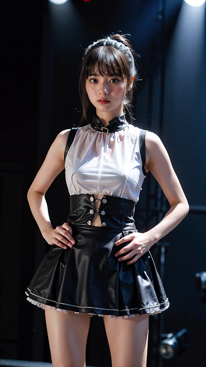 (8k、RAW Photos、highest quality、masterpiece:1.2)、(Realistic、Realistic)、1 girl、((Frilled mini skirt、Large Breasts、Black and white、See-through、belly button、boots、Sleeveless、stage、Spotlight、View from the front、Standing with hands on hips))、
