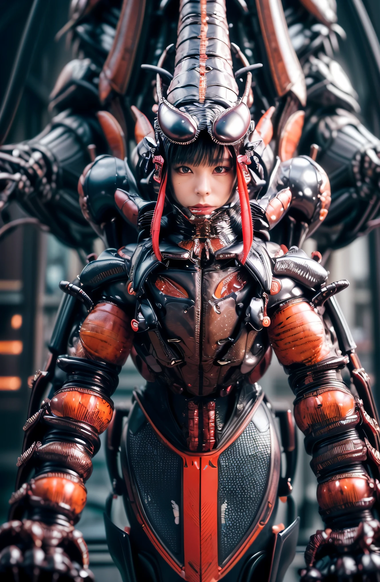 (high resolution,masterpiece,best quality,extremely detailed CG), photorealistic, (Composed of fine parts), (extremely intricate all details), (extremely realistic all textures), gloss and shiny,awesome many layers, 8k wall paper, 3d,( solo:1.4), perfect female proportion,villainess, (fusion of cockroach and lady:1.4), (cockroach form lady:1.2), (cockroach lady:1.2), (fusion:1.2), (solo:1.4), (smile:1.2), muscular, abs, (cockroach exoskeleton bio insect suit:1.4), (cockroach red exoskeleton bio insect armor:1.2), feeler