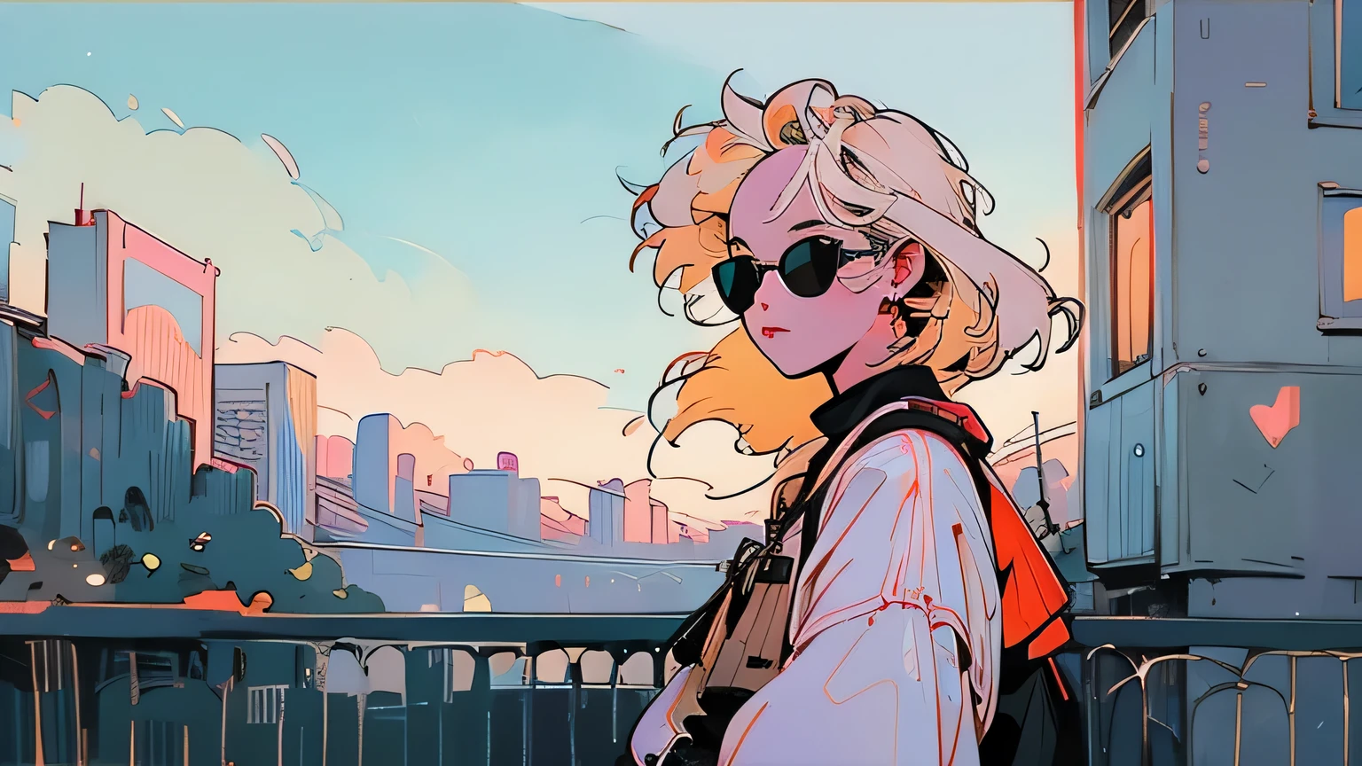 Downtown at night、Beautiful woman with blonde hair、Wearing sunglasses、Admiring the scenery