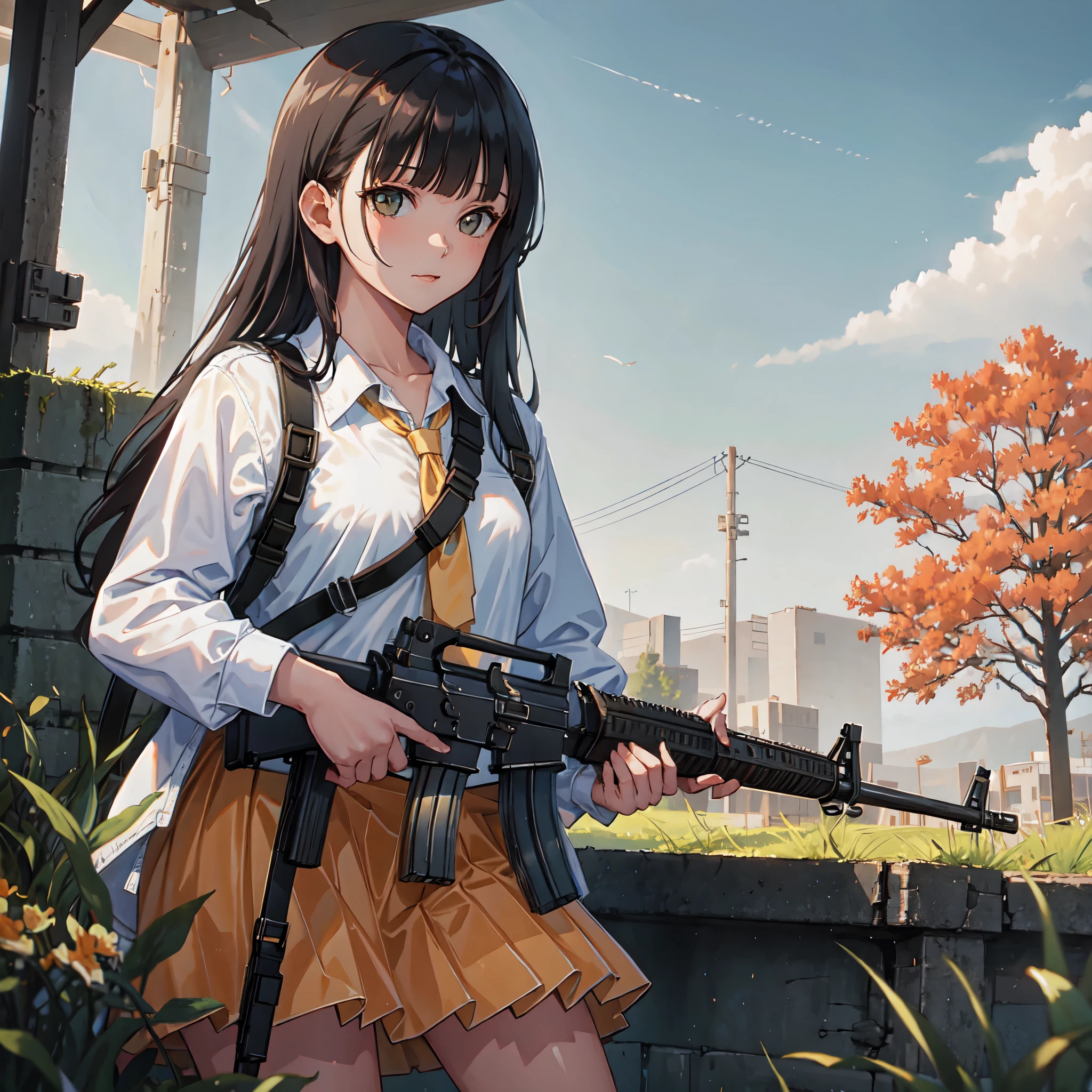 (masterpiece, best quality:1.2), solo, 1girl, (holding an m16a2)