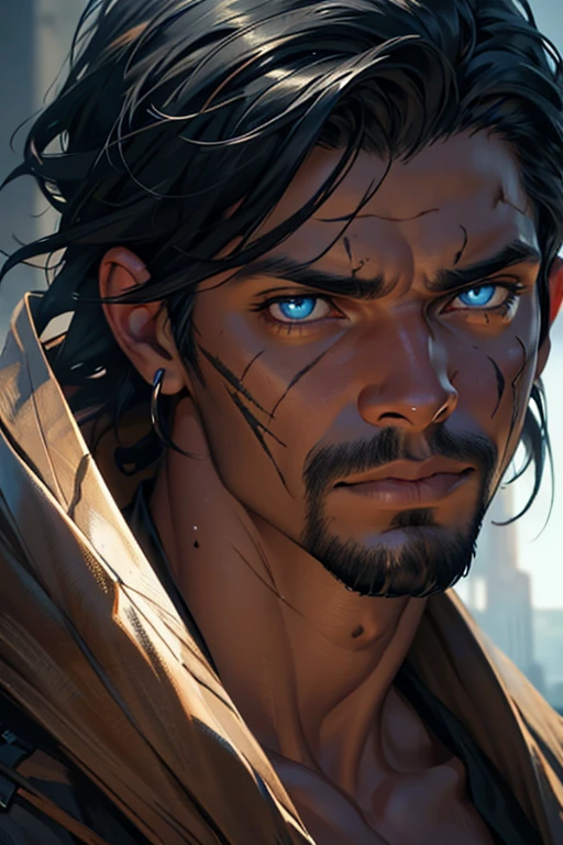a tall black man from brazil with blue eyes and full black hair with scars, slightly indigenous, detailed portrait, hyper realistic, cinematic lighting, dramatic pose, moody atmosphere, intricate details, oil painting, award-winning, masterpiece, ultra-detailed, best quality, 8k, photorealistic com 17 anos