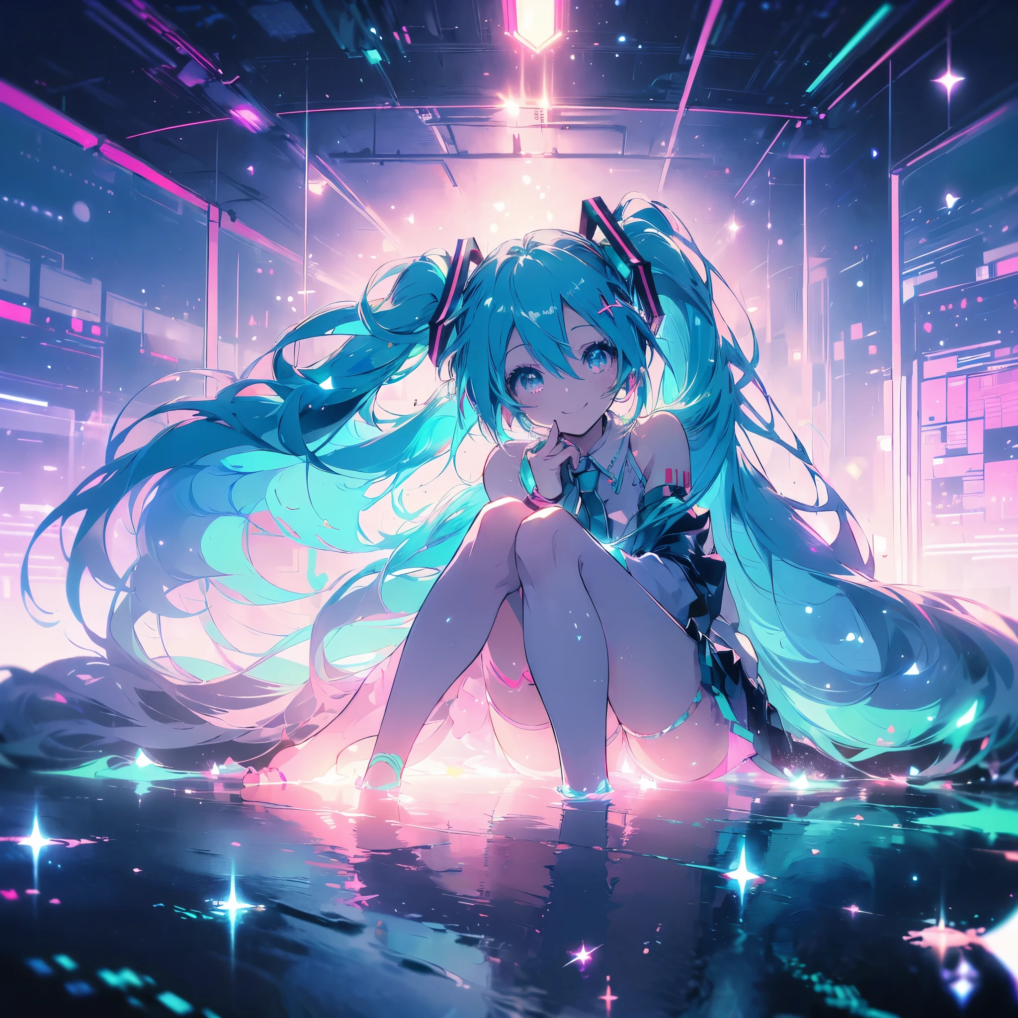 (((Ultra HD　Hatsune Miku　Crossing your legs　Shining Eyes　smile)))　((Lonely　Particles of light　Streaks of Light))　((End of the Galaxy　Jump　Bathed in light))　(Neon pink and neon green light　Shining Edge　Shining Background　night　Starry Sky)