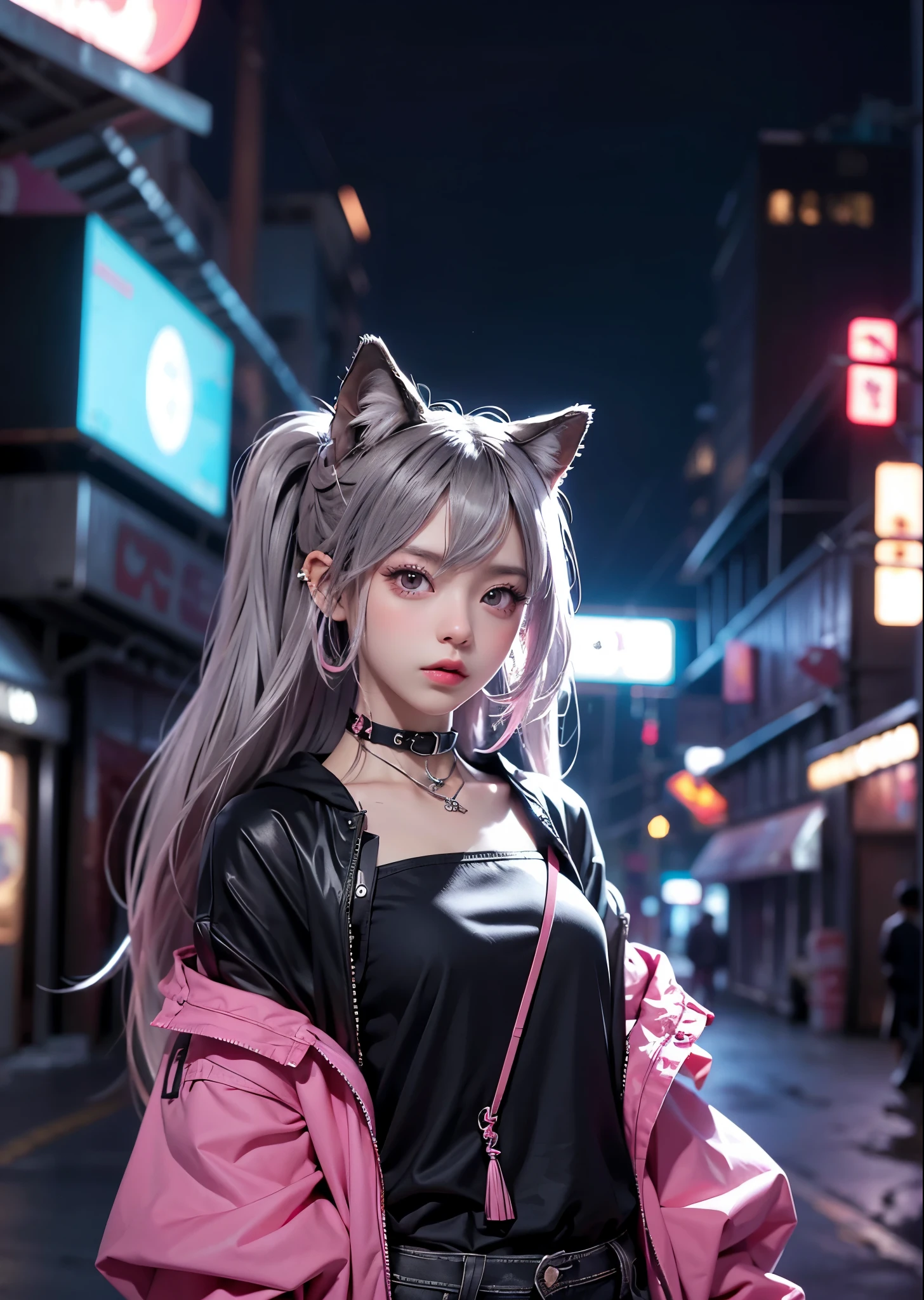 Wolf Girl、Silver long hair、Pink Cyberpunk Fashion、Gaze Here、Stand on the roof of a building、The lights of the industrial area below、Moonlit Night、moonlight、Perfect lighting、Sharp Focus、High definition、high resolution、High color rendering、High resolution、Ultra-realistic、photo realistic 