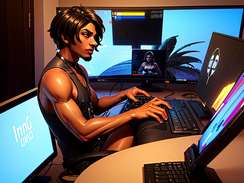 Young man with mixed brown skin tone WITH LONG BLACK HAIR CARRYING A COMPUTER PHONE HOLDING TWO MONITORS SITTING IN ROOM of cyberpunk sci-fi tropical island., brilhante, detalhado, 8k, intrincado, Fantastic, anime vibe, colorido, brilhante, lindo, reggae