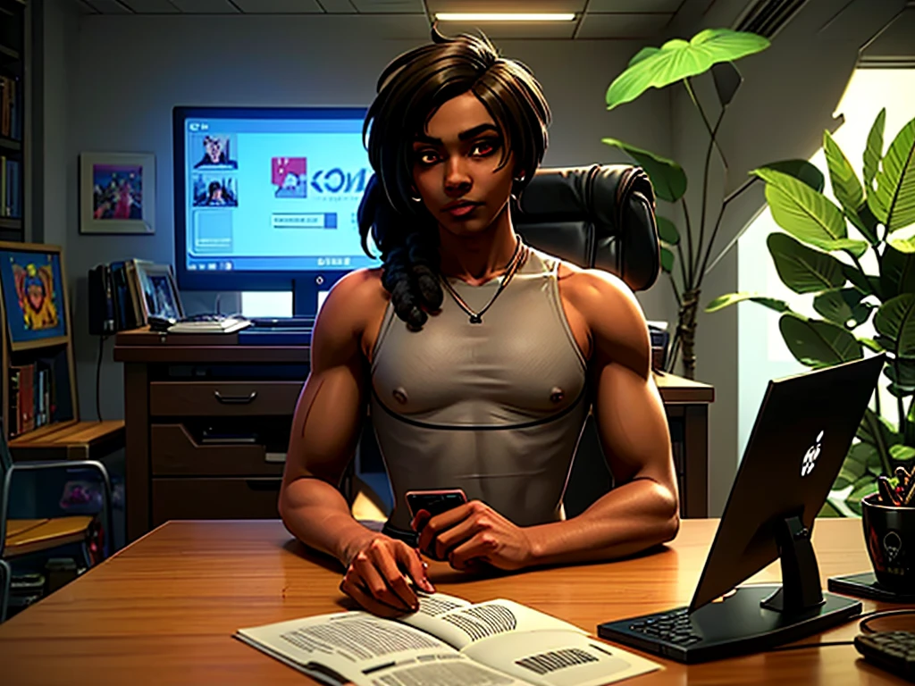 Young man with mixed brown skin tone WITH LONG BLACK HAIR CARRYING A COMPUTER PHONE HOLDING TWO MONITORS SITTING IN ROOM of cyberpunk sci-fi tropical island., brilhante, detalhado, 8k, intrincado, Fantastic, anime vibe, colorido, brilhante, lindo, reggae