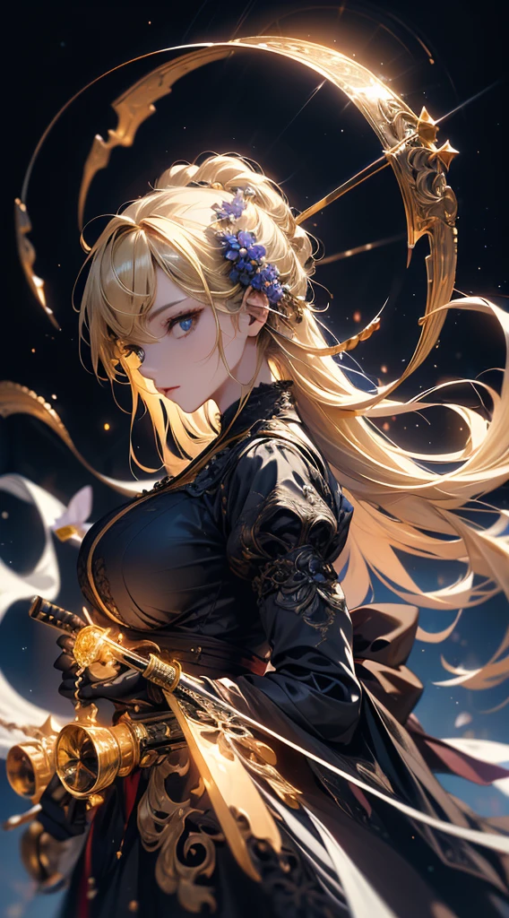masterpiece, high quality, 4K, Beautiful design, silhouette,blonde, 非常に詳細な夜のStarry Sky,Flower Field, wonderful, Finer details, Very knowledgeable woman, Highly detailed solo, 1 female,Big Breasts,Gothic Lolita Fashion,Night view,Starry Sky,full moon,