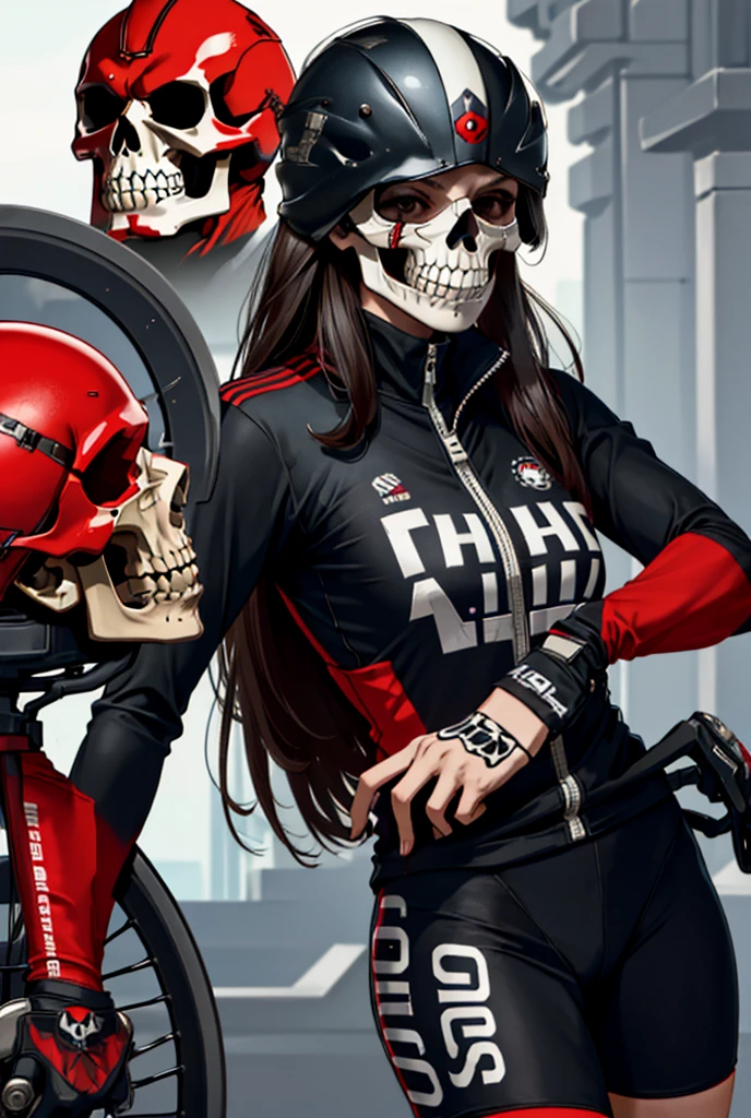 1woman, road cycling speed, long hair, red skull head, cycling suit and short, jersey, helmet, skull face head,