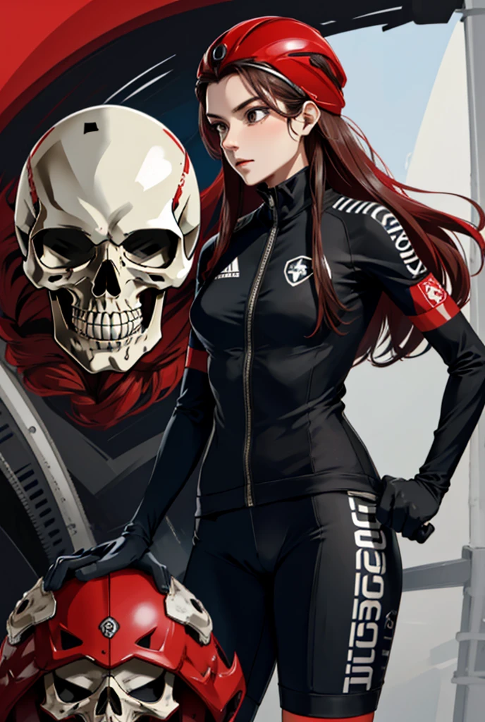 1woman, road cycling speed, long hair, red skull head, cycling suit and short, jersey, helmet, skull face head,