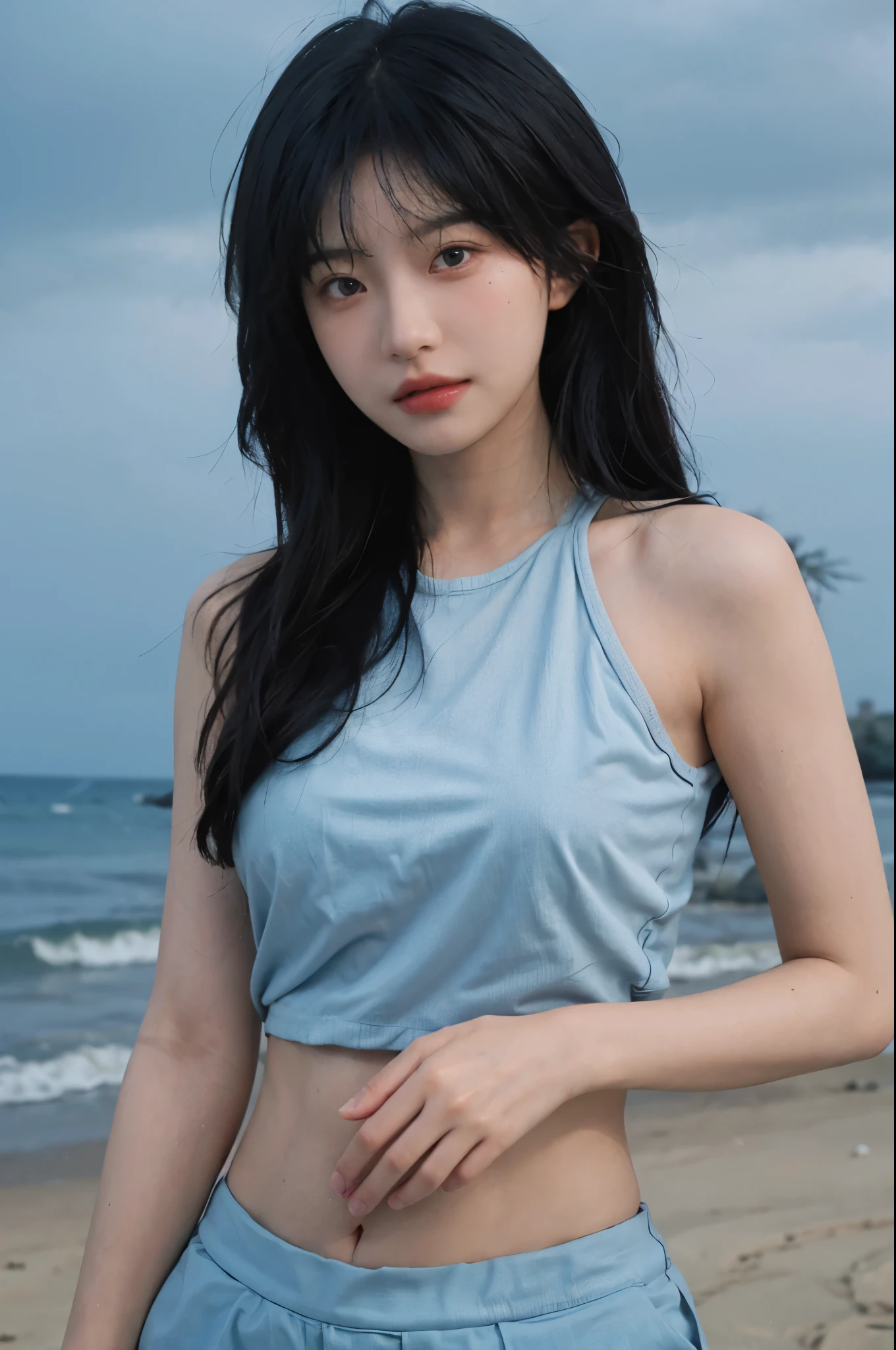 Best quality,Ultra-high resolution,(lifelike:1.4),Cute hairpin,2girll,Short blue hair,jk,Blush,Slim beauty:1.4,Visible abdominal muscles,on the beach,Ultra-fine face,Exquisite eyes,Double eyelids,