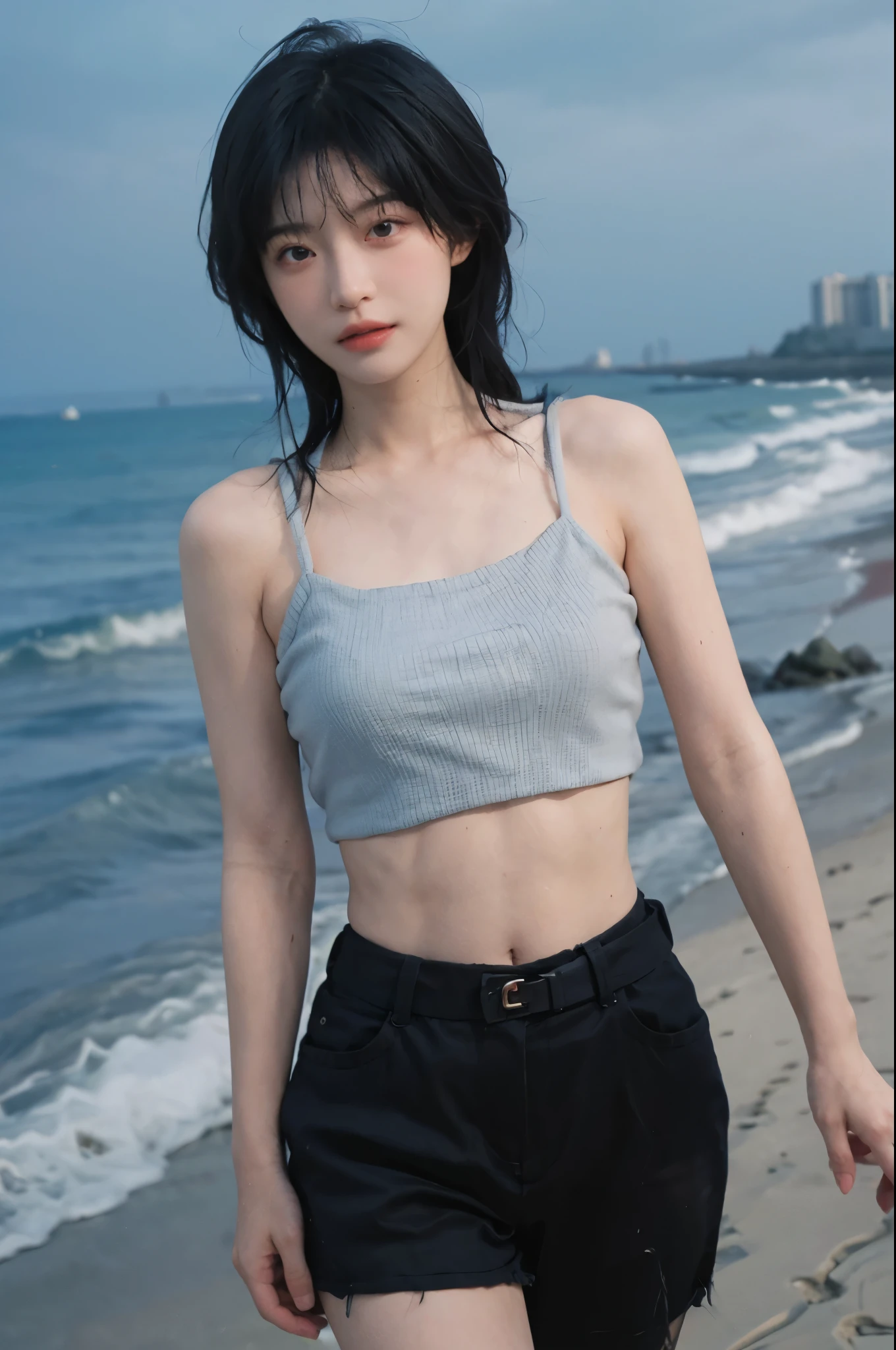 Best quality，Ultra-high resolution，（lifelike：1.4），Cute hairpin，2girll，Short blue hair，jk，Blush，Slim beauty：1.4，Visible abdominal muscles，on the beach，Ultra-fine face，Exquisite eyes，Double eyelids，