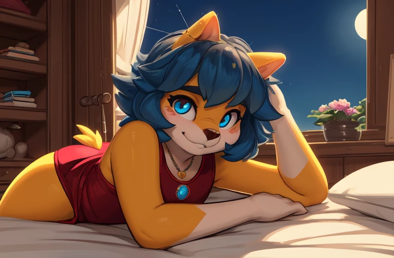 [Subido a e621.neto; ((por zummeng, por Zackary911, for the-tiny-task, por ozoneserpent))], ((intriGatoe detail, 4k, ojos, )), {antro; (Gato, femenino, senos sin rasgos distintivos, cueva, extremadamente detallado, extremadamente detallado legs, extremadamente detallado arms, extremadamente detallado face, perfectly ojos detallados, perfectly detailed anatomy)), ((lindas orejas)), ((pelaje amarillo dorado, pelo corte bob azul)), ((hocico corto)), ((linda nariz))}, ((solo, Perspectiva)), [cuerpo; ((Adulto, cuerpo maduro, cuerpo grande, muslos curvados, hermosas caderas, curvatura)), (a single small tail), ((Dos piernas)), (pelaje liso, piel detallada, pelaje brillante, ((garras negras)), ((Pies amarillos)), cinco dedos:1.4)], [ropa; ((Vestido blanco, bragas blancas))], {(ojos medio cerrados, lewd expression, looking at you lasciviously, mirando hacia ti, hermosos ojos azules, ojos detallados)}, [Perspectiva: (foco en el muslo, vista frontal, full body Perspectiva, tiro frontal, presumiendo ante ti, tiro sincero, siendo lascivo, ((Acostada)), ((acostado boca arriba)), ((acostado en la cama)), ((PIERNAS ABIERTAS)), ((cinco dedos de los pies)))], [setting; (en un dormitorio, ((Noche)), ((luz de luna opaca)), moonlight filtering through the window., sin luces dentro del dormitorio, pictorial, colores vibrantes, estilo tradicional, profundidad de campo)],