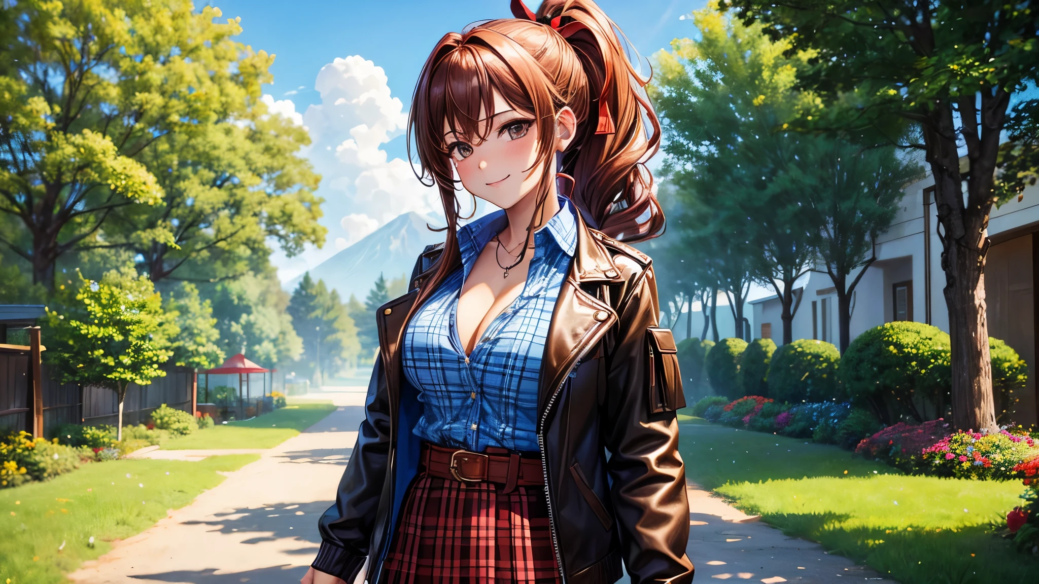 1girl, summer, village, trees, sun, clouds, ((colorful hair)), long hair, curly hair, ponytail, large breasts, button down shirt, ((blue checked shirt)), ((unbuttoned shirt)), cleavage 1:3, brown eyes, ((opened brown zipper jacket)), leather jacket, ((red black skirt)), smile, looking at the viewer, touching neck, standng, hair ribbon, golden necklate