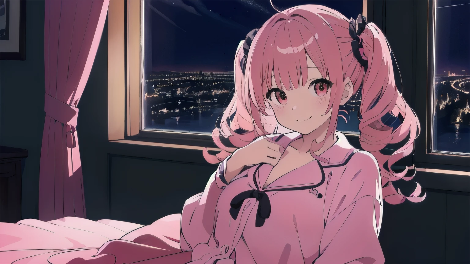 Very detailed, Detailed Background, (highest quality, masterpiece, High resolution), One girl, Demure, (Curly Hair:1.4), Twin tails, smile, Mid-chest, Pink Hair, Upper Body, pajamas, long hair、 (night:1.4), Dimly lit room, Bluish light