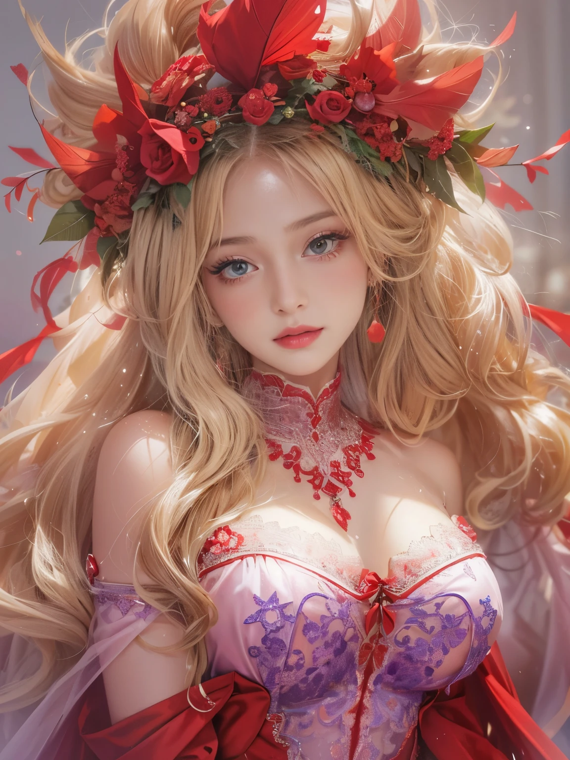 Ultra-high resolution, highest quality, photograph, 4K, (Realistic:1.4), Girl with a wreath on her head, Long Blonde Hair, Big firm Breasts, hard nipples, Sexy, Sharp Eyes, Break, dynamic sexy poses, sweat, wearing (red:1.2) see-through long frilly dress, lace long cape, jewelries, cleavage is exposed, Add light purple and purple, Add Light Red, Intricate details, Splash screen, 