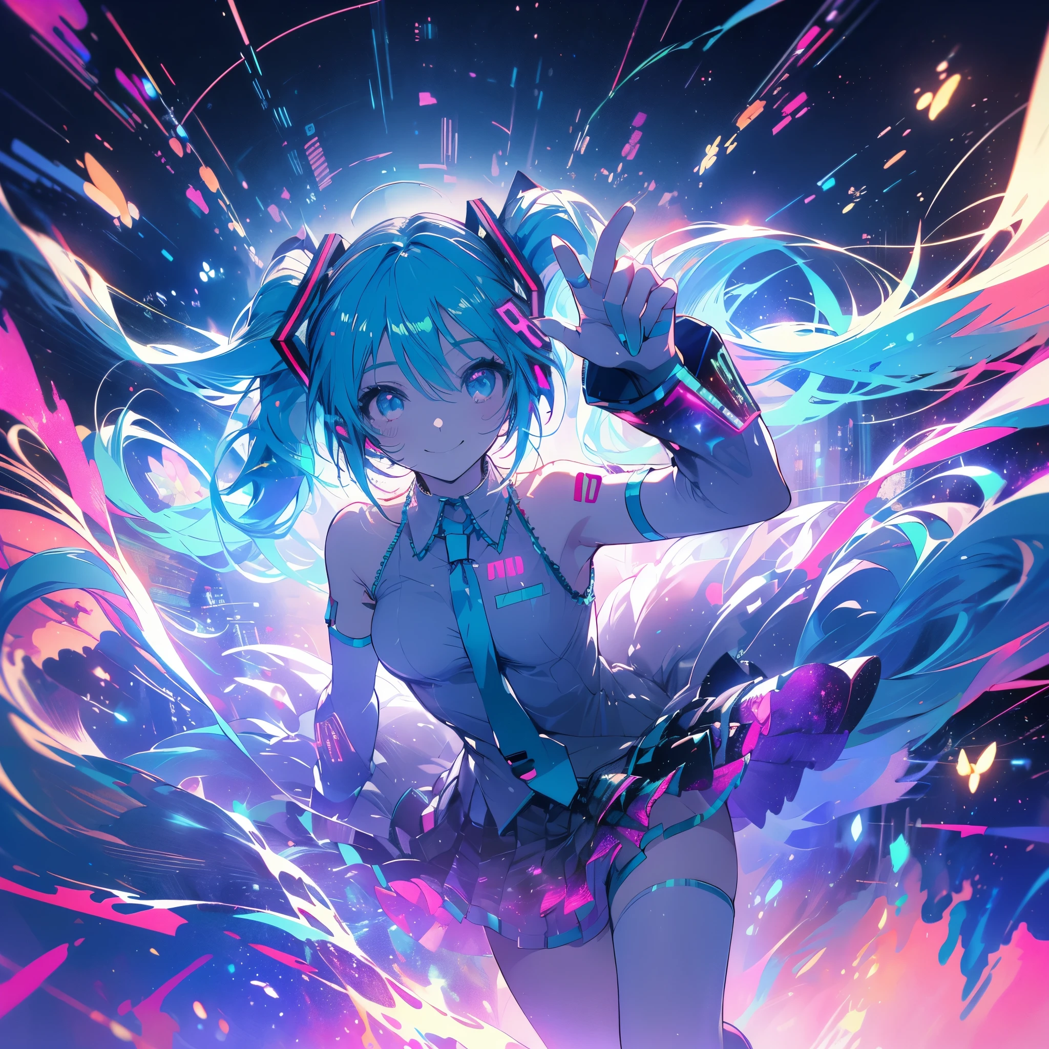 (((Ultra HD　Hatsune Miku　Stretch your right leg　Bend your left leg　Shining Eyes　smile)))　((Lonely　Particles of light　Streaks of Light　Pop music notes))　((End of the Galaxy　Jump　Bathed in light))　(Neon pink and neon green light　Shining Edge　Shining Background　night　Starry Sky)