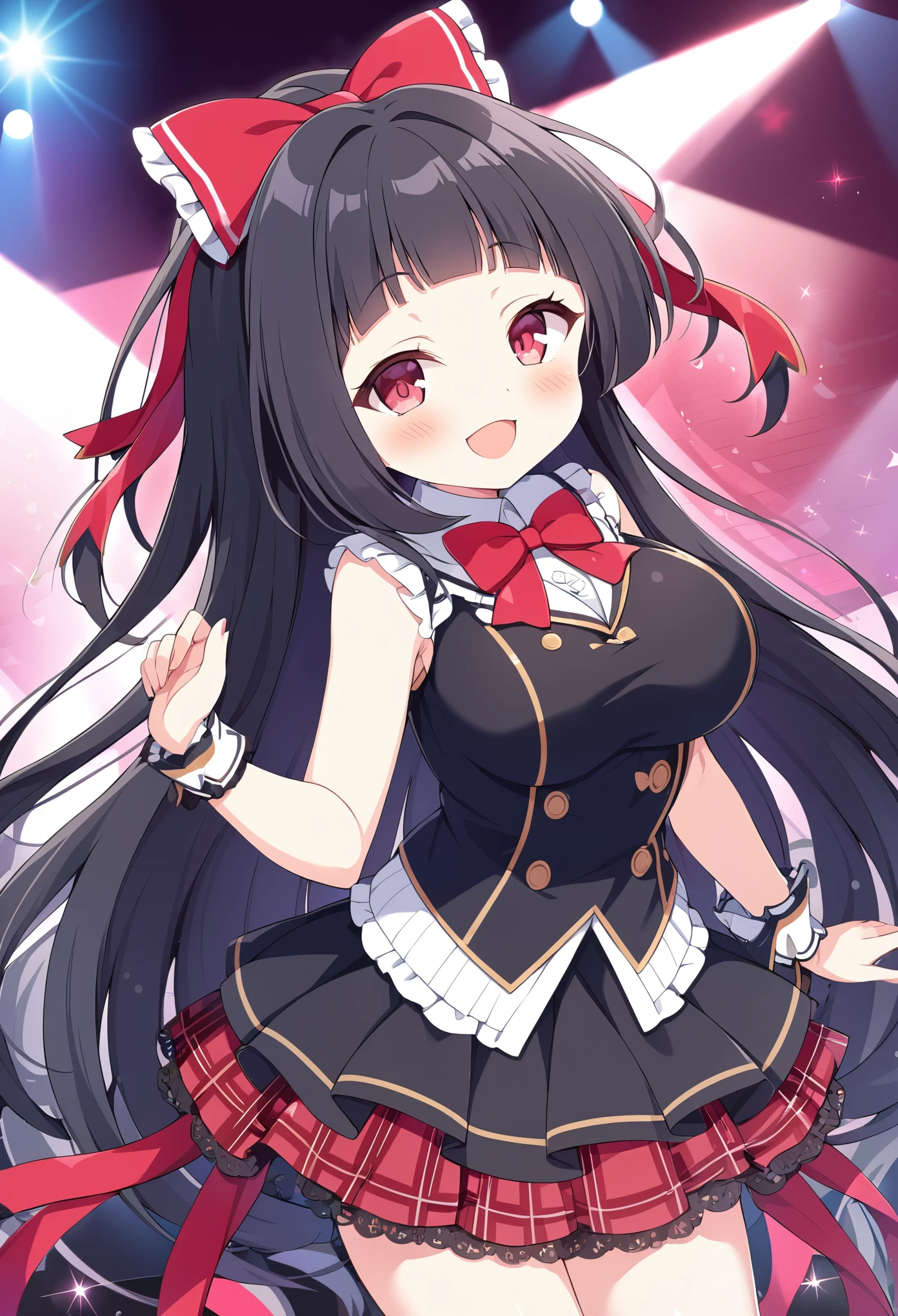 isshikiairu, black hair, hair bow, red bow, red ribbon, blunt bangs, very long hair, red eyes,, large breasts,, Live Stage, solo