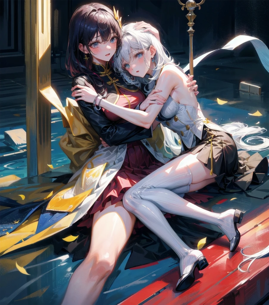 (((yuri))), (((3 girls))), ((cheongsam)), absurdres, RAW photo, extremely delicate and beautiful, masterpiece, Best Quality, ultra high resolution, 32k, hyperrealistic, ultra-detailed, detailed description, perfect anatomy, pale skin, 20 years old, detailed beautiful face and eyes, tearful mole, earring, short medium hair, wavy hair, random colored hair, whole body shot, big tits,